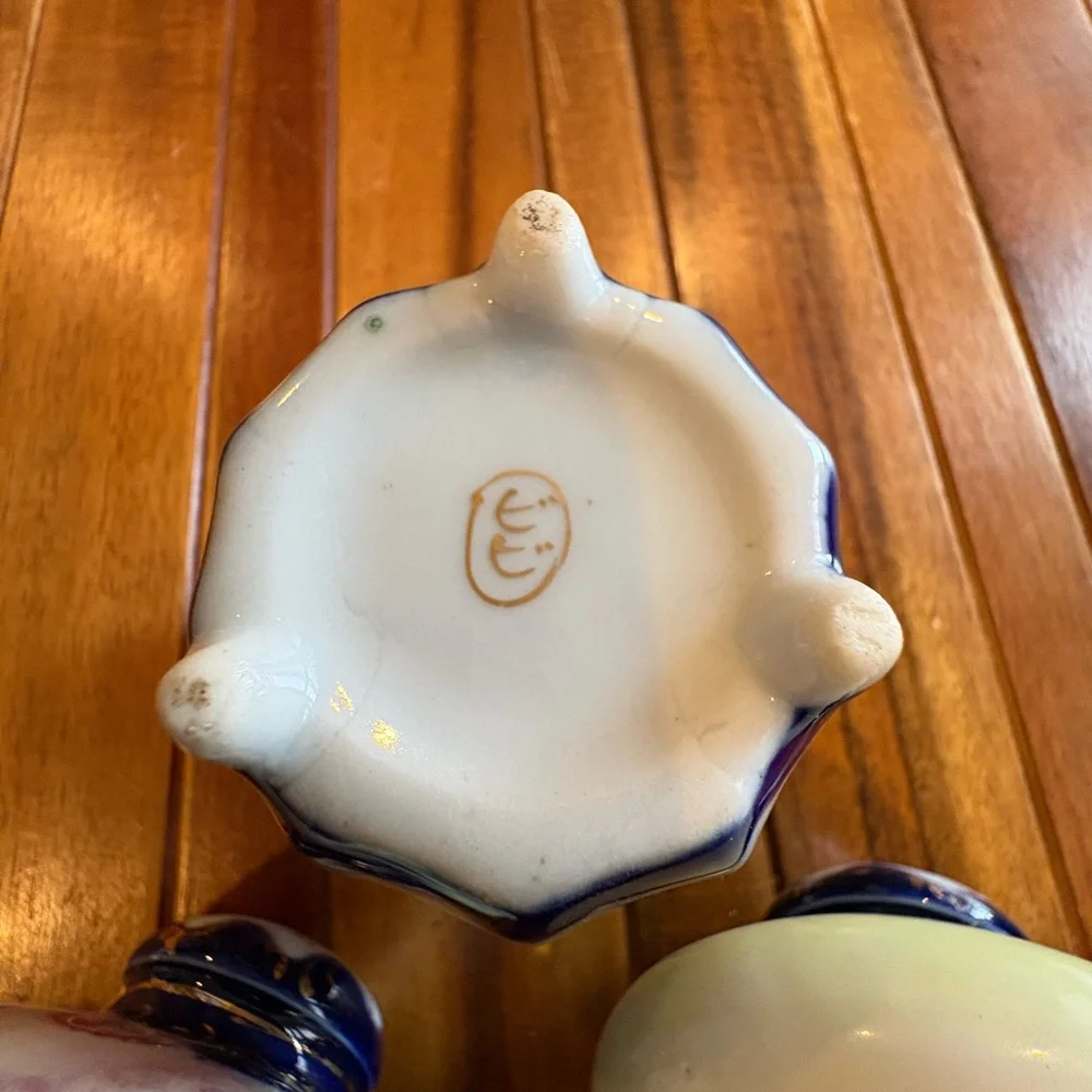 Vintage Japanese Floral Ceramic Vase Toothpick Holder and Shakers Set